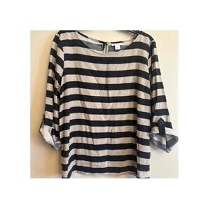 Liz Claiborne Navy Cream Striped Roll Tab Sleeve Blouse Medium
